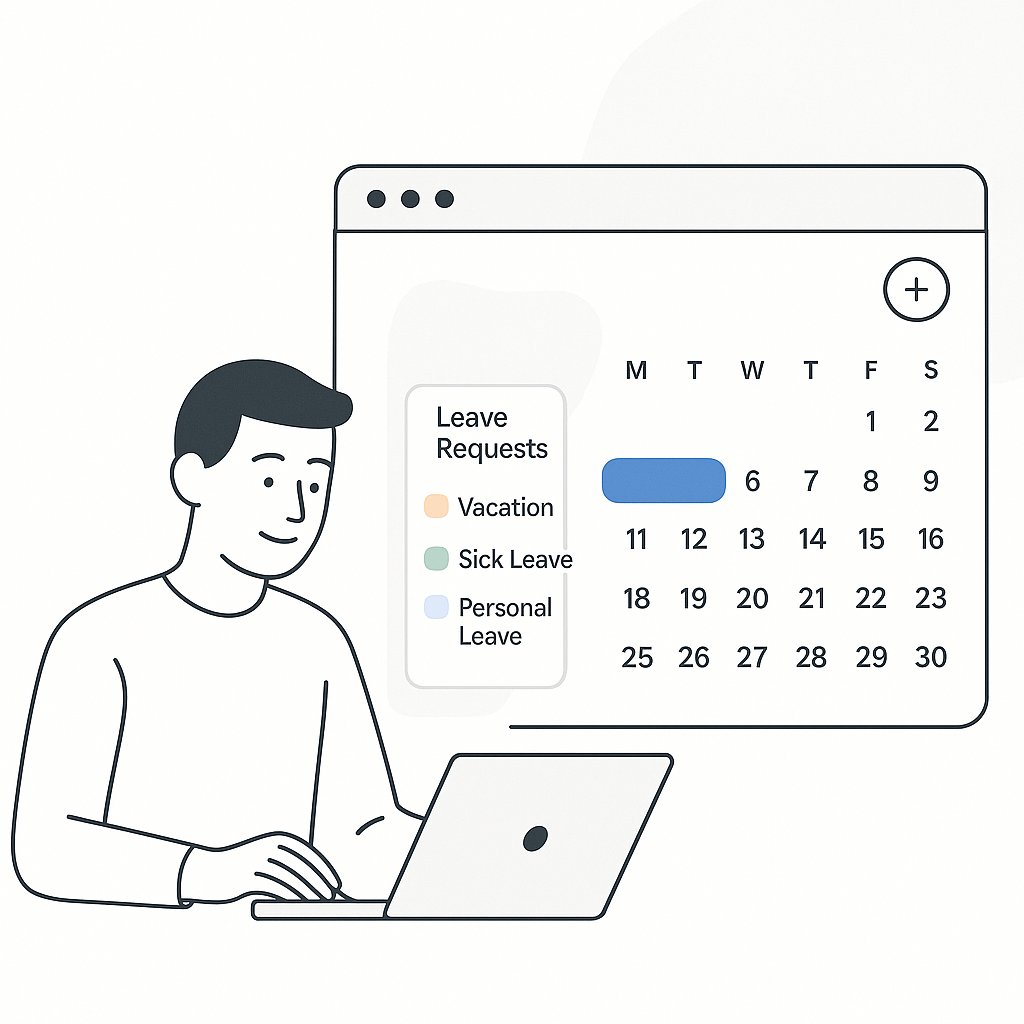 Person planning leave on a sleek calendar interface with abstract background shapes.